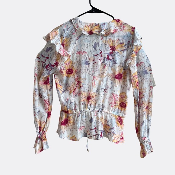 Paige Dorit Floral Ruffle Silk Blouse Cream Multi Size S Long Sleeve V-Neck - Picture 3 of 4
